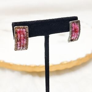 Rectangle Silver And Pink Beaded Earrings